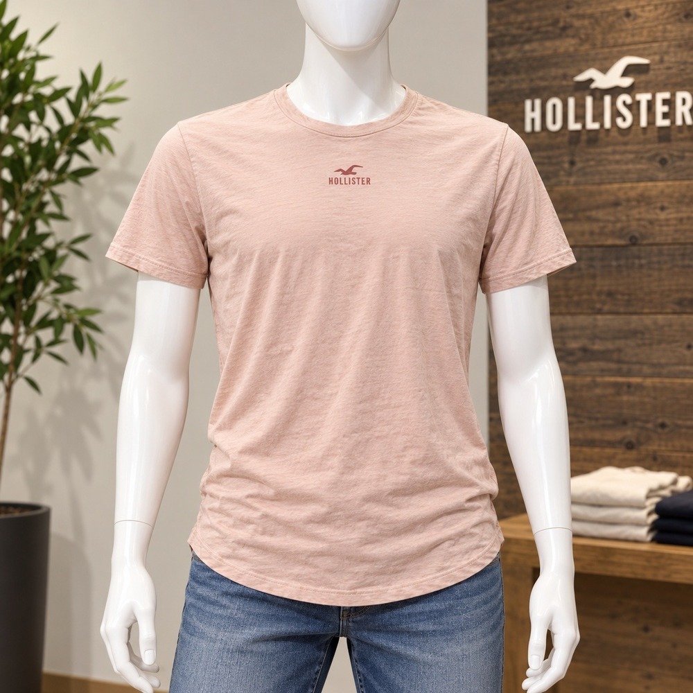 Hollister Stacked Curved Hem T-Shirt Mens Large Peach Pink Short Sleeve Logo Tee